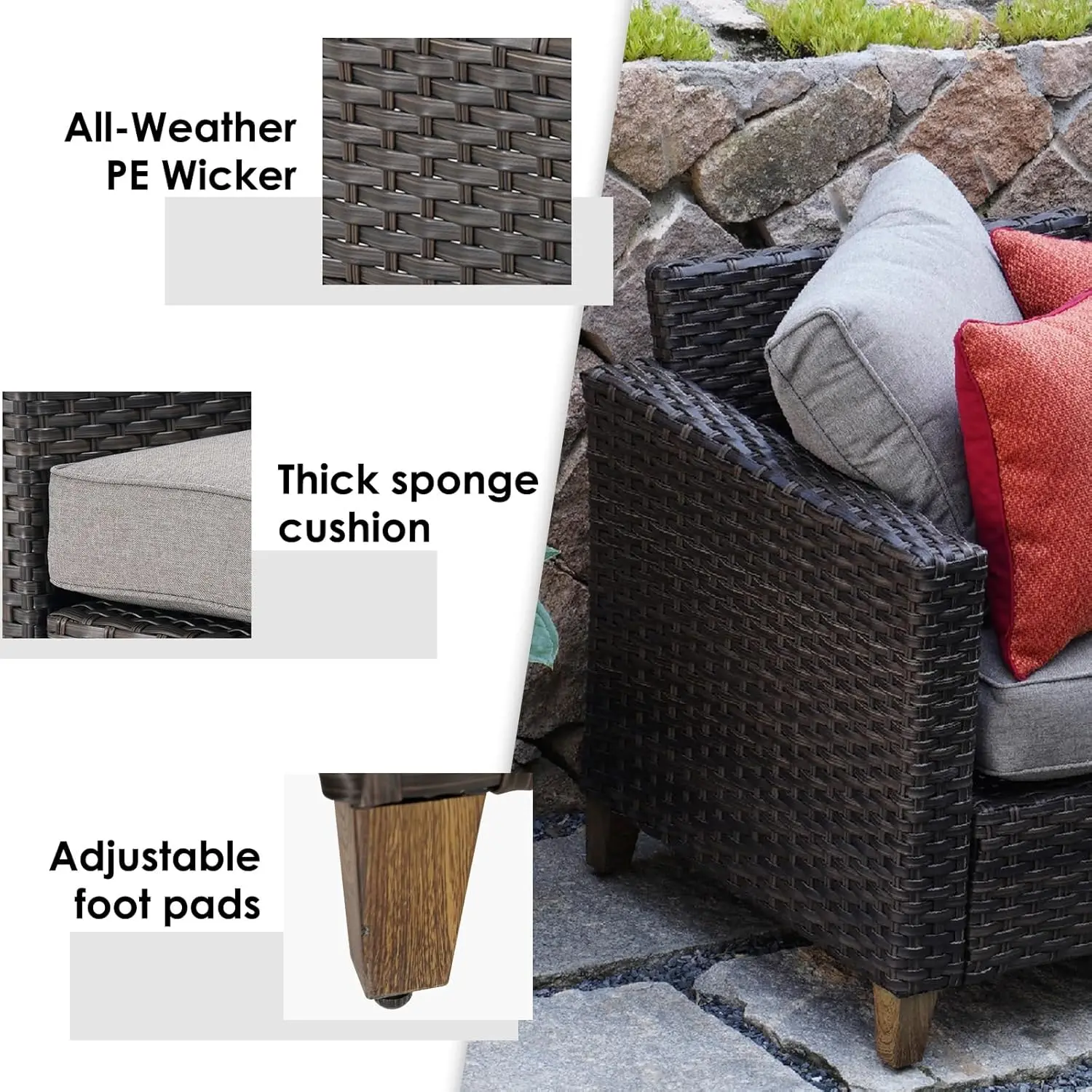 PE Wicker Patio Móveis Sets, Sofá secional com almofadas grossas Olefin, Outdoor Yard Garden Porch