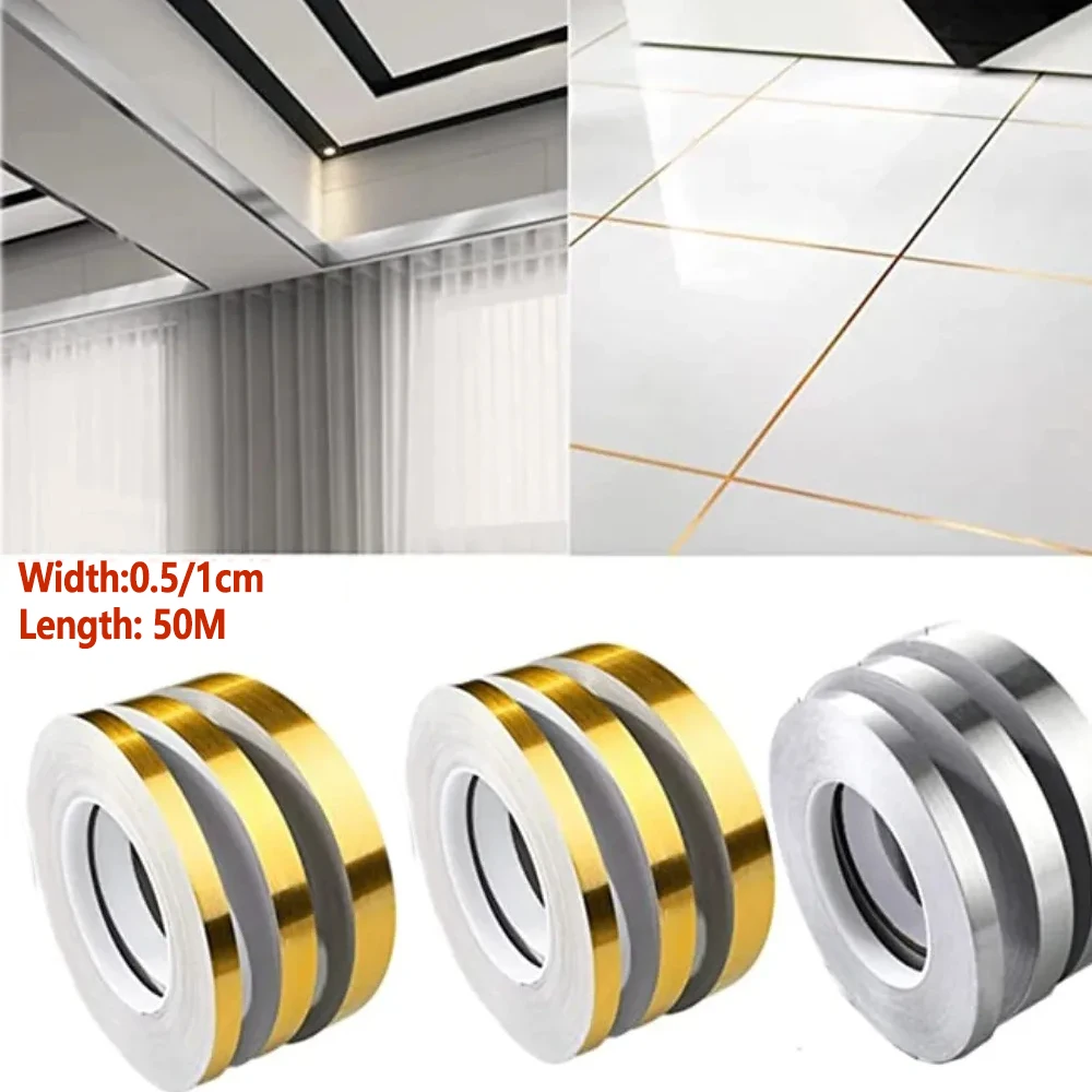 

50M Self-Adhesive Tile Stickers Tape Waterproof Wall Gap Sealing Strip Gold Silver Ceramic Tile Tape Home Decoration