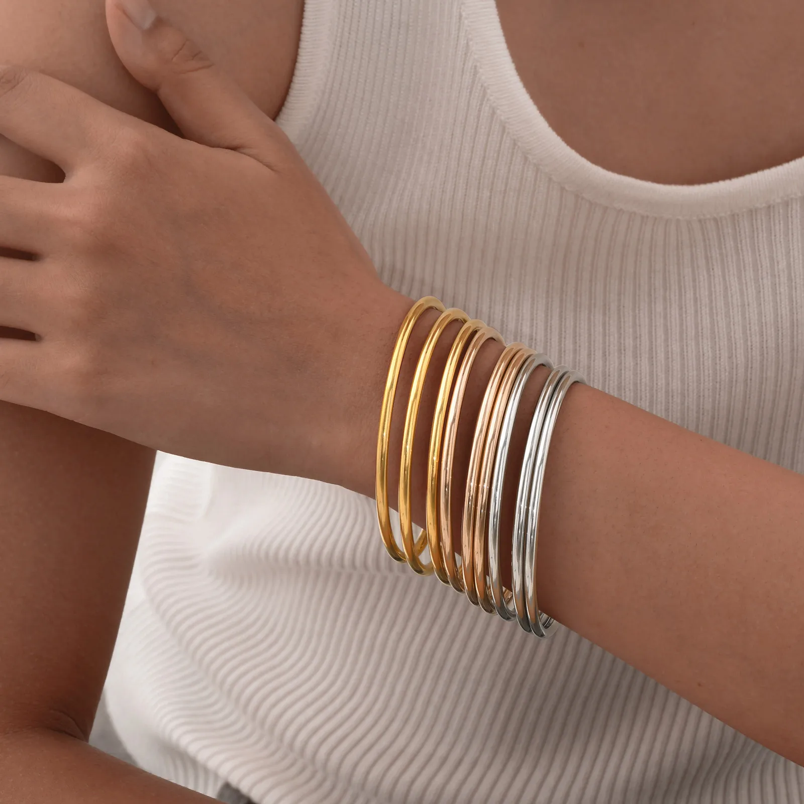 Women Gold Color Stainless Steel Cuff Bracelet, Chic Jewelry Wristband Plain Slip Bangle, Stacking Bracelet Gift to Young Girls