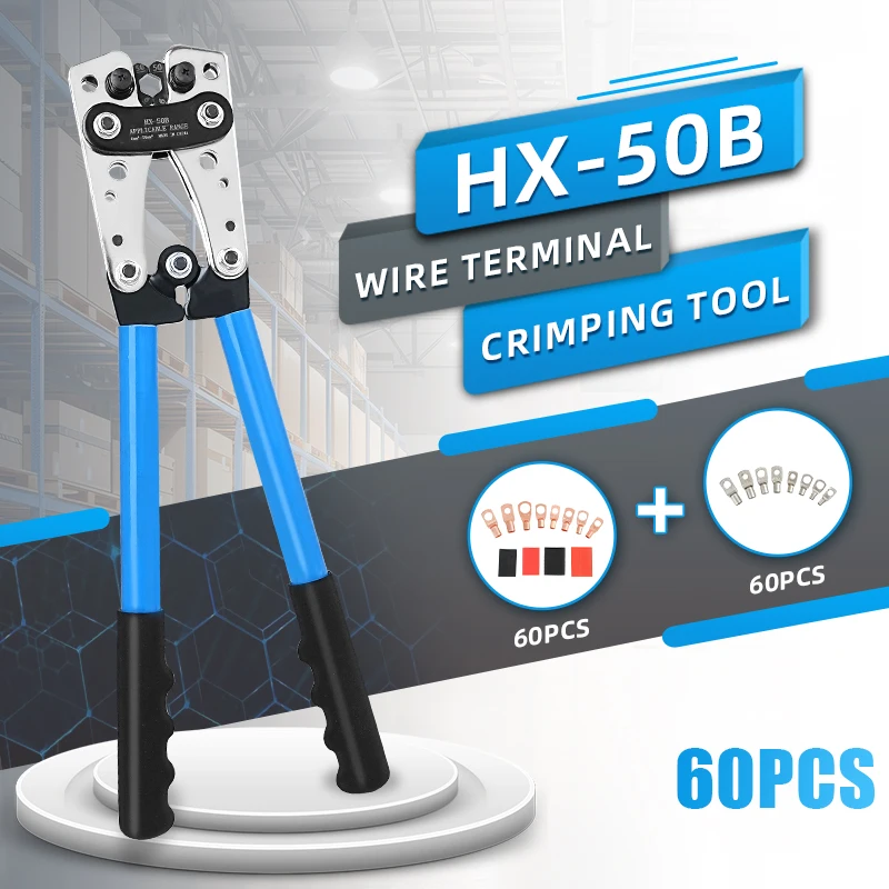 

HX-50B 6-50mm² Cable Lug Crimping Tool for AWG 10-1/0 Heavy Duty Wire Lug Tube Terminal Crimper Hex Crimp Tools And 60PCS Kit