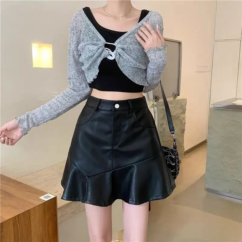 Autumn and Winter New Irregular High Waisted Fish Tail PU Leather Skirt Half Skirt New Slimming Short Skirt for Women