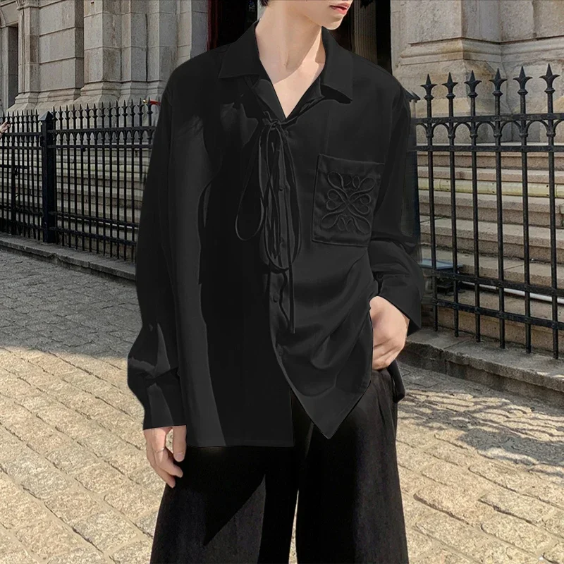 

INCERUN Men Shirt Solid Color Embroidery Lapel Long Sleeve Men Clothing Streetwear Loose Korean Style Fashion Male Shirts Tops