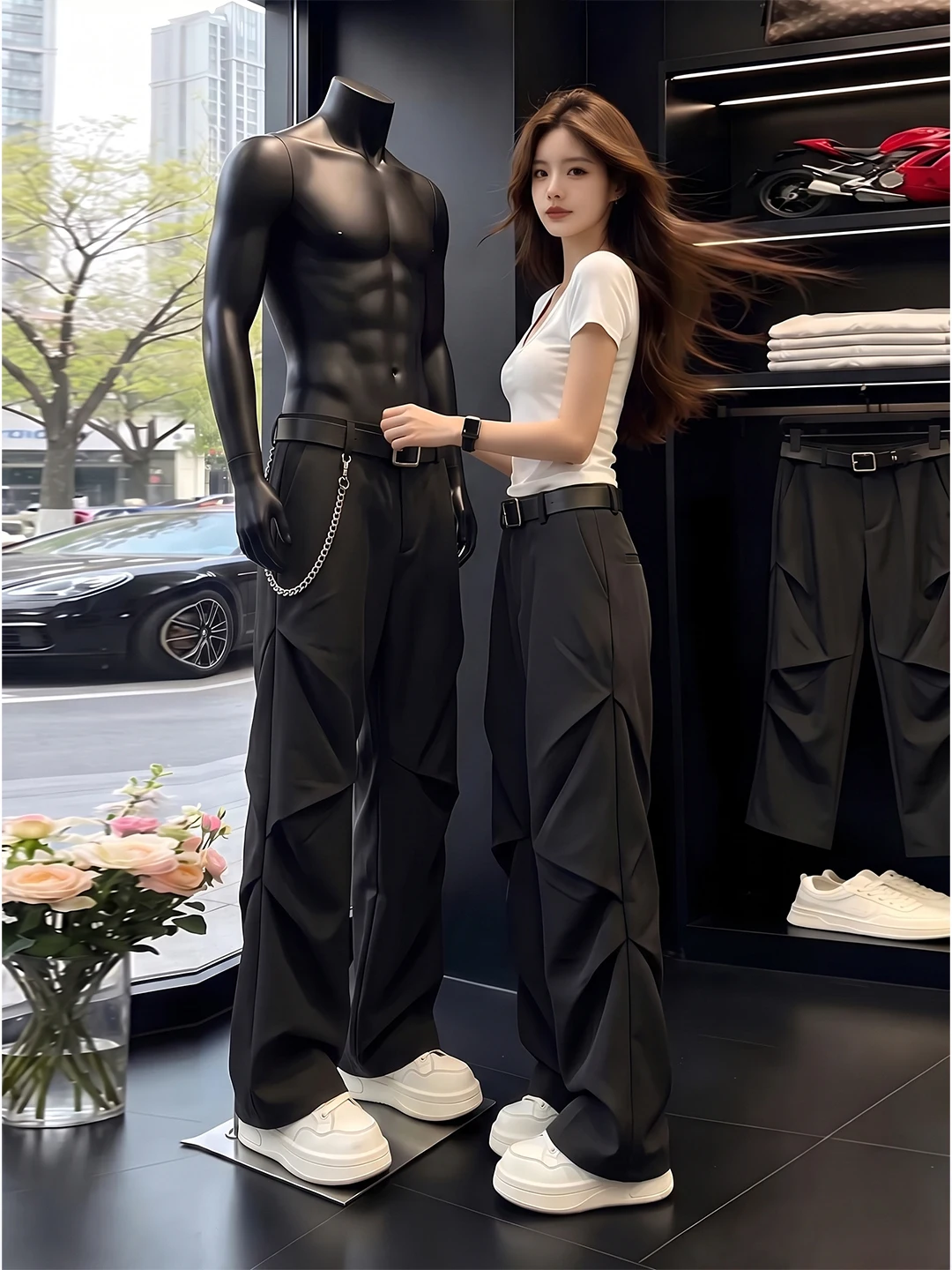American Style Cleanfit Black Pleated Design Flared Casual Pants Men's Drape Loose Straight Leg Wide Leg West Pants