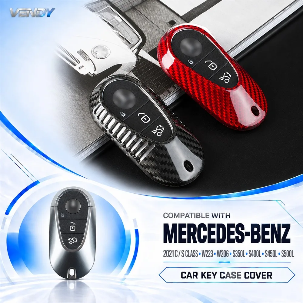 Real Carbon Fiber Car Key Case Cover Protector Shell Fob For Mercedes Benz 2021 C /S Class W223 W206 S350L S400L S450L S500L