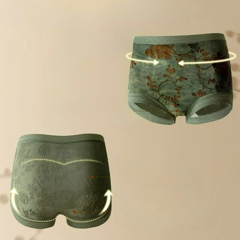 Chinese-style Printed Flocked Underpants for Women High-waisted Silk with Extended Crotch New Style Seamless Jacquard Shorts