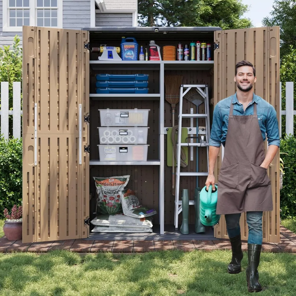 

Outdoor Storage Shed with Floor, 64 Cu.Ft Large Outdoor Storage Cabinet, Waterproof Vertical Resin Shed for Garden Tools