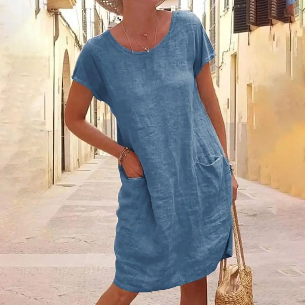 

Women Dress Solid Color Loose Summer Short Sleeve Round Neck Dress Boho Casual Beach Dresses Female Street Large Size Vestidos
