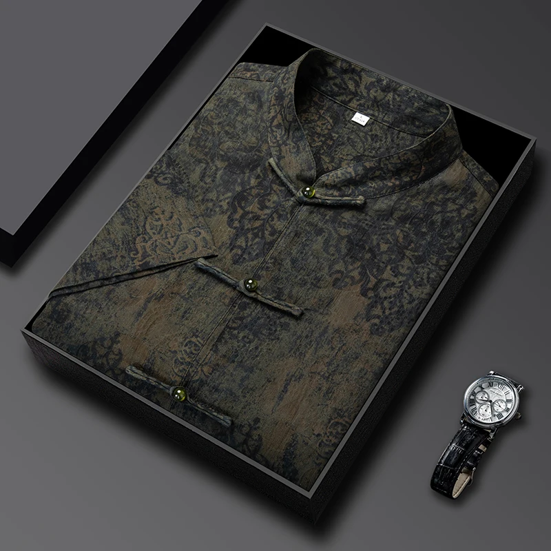 

Silk 100% Frog Shirts For Men Short Sleeve Tang Costume Coolness Summer Quality Gambiered Canton Gauze Pockets Camisas De Hombre