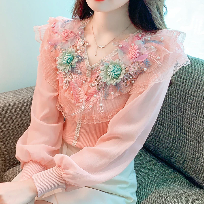 Floral Lace Stitching Knitted Chiffon Patchwork Shirt Women\'s Autumn Top 2024 New Beautiful V Neck Lonfg Sleeve Blouse Blusa