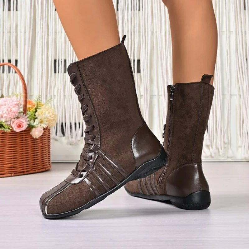 أحذية عصرية من جلد البقر المدبوغ بمقدمة مستديرة وكعب منخفض (أقل من 3 سم) كعب مسطح من الجلد غير اللامع للفصول الأربعة