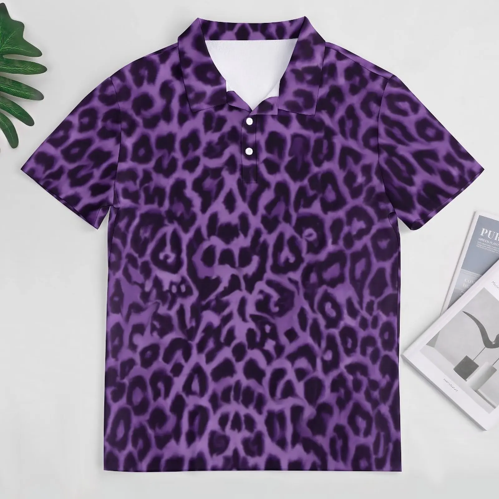 Purple Leopard Polo Shirts Animal Print Casual Shirt Day Streetwear T-Shirts Men Short-Sleeved Collar Graphic Oversized Top