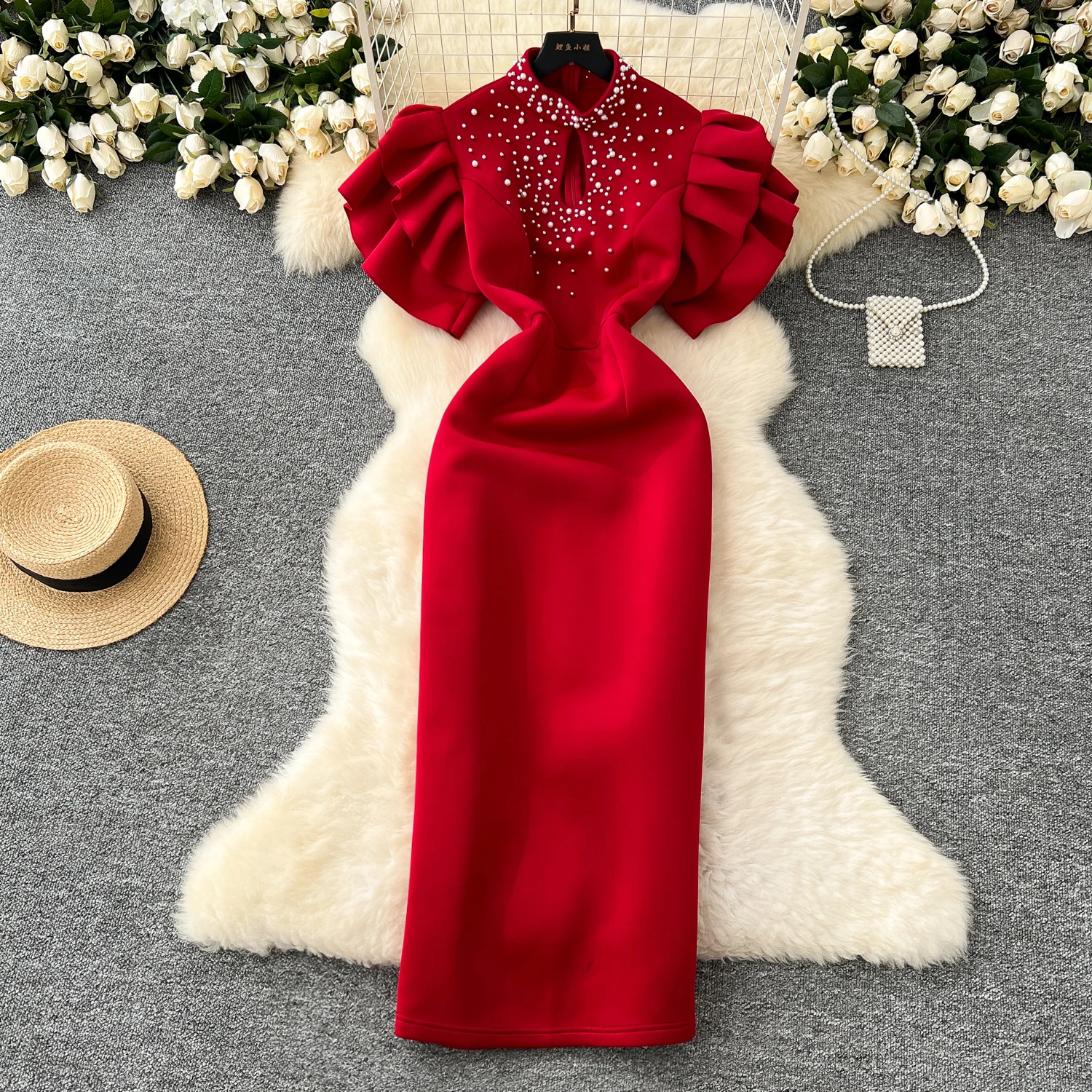 Chic Elegant Hollow Out  Beading Butterfly Sleeve Slim Pencil Dress Vintage Korean Sexy Women Sexy Evening Party Summer Clothing