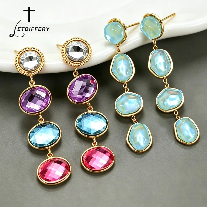 Letdiffery Irregular Blue Crystal Long Drop Earrings for Women Stainless Steel Colorful Acrylic Glass Dangle Earrings Jewelry