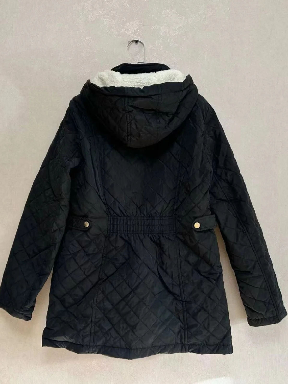 

Women's Diamond Stitched Cotton Jaet Lamb Velvet Lined Hooded Mid-Length Coat Street Sle Straight Cut Long Sve Zipper