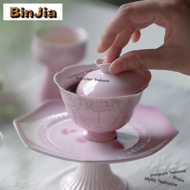 120ml Hand-painted Pink Curtain Bead Gaiwan Zen Not Hot Tea Tureen Tea Bowl with Lid Kit Tea Making Cover Bowl Tea Items Gift