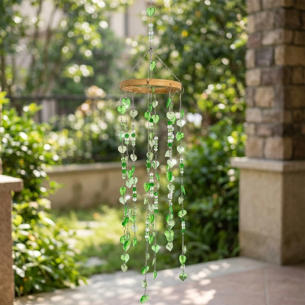 2-teiliges Kristall-Sonnenfänger-Windspiel-Set mit grünen Blattanhängern, Holzstab und Bambusring, Hängedekoration für Garten und Terrasse