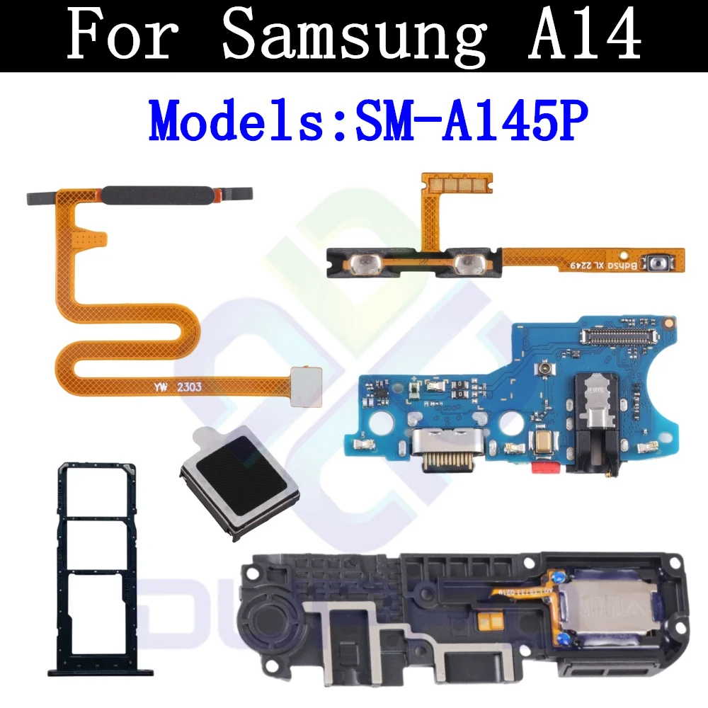 Top Ear Loud Speaker SIM Card Tray Charging Port Board For Samsung A14 A145P Fingerprint Sensor Signal Power Volume Flex Cable