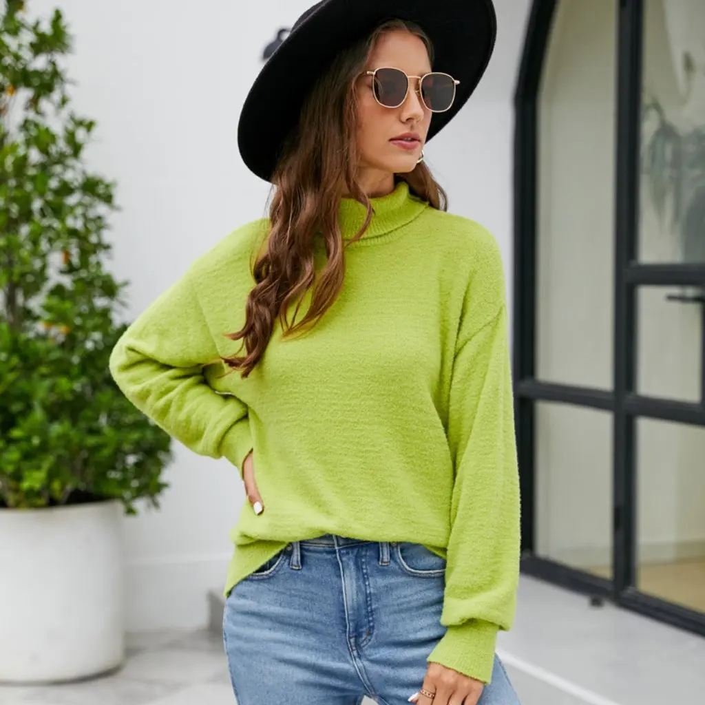 

Women's Elegant Turtleneck Knitted Sweater Pure Color Long-Sleeved Pullover Shirt for Autumn Winter European American Style