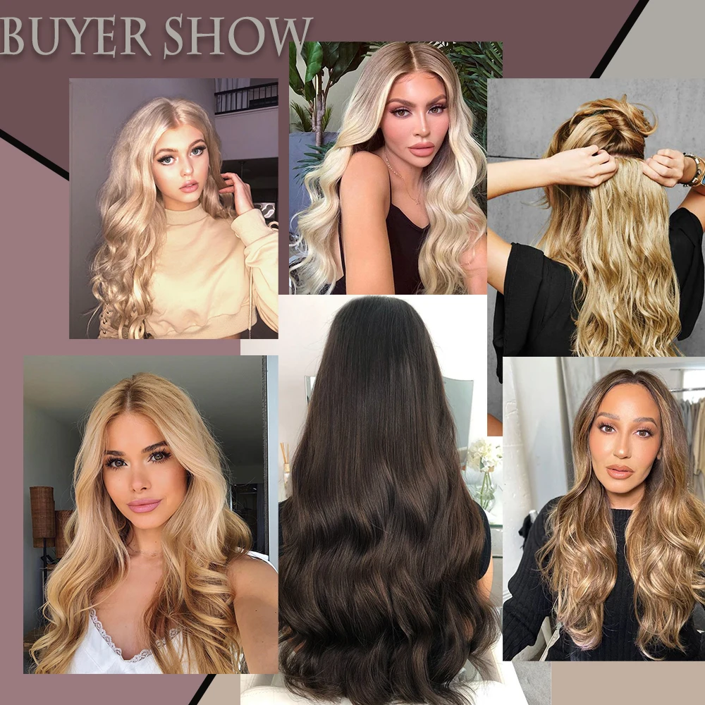 Extensions de cheveux longs ondulés à 5 clips, postiches en fibre synthétique, 22/32 en effet, faux cheveux de couleur mixte, noir et blond,