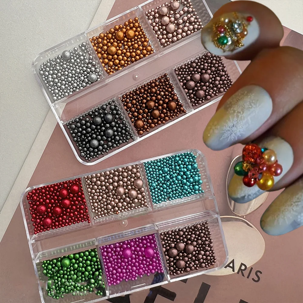 6/12Grids 3D Kerst Ronde Parels Kralen Nail Art Charms Kleurrijk Gemengde Grootte Kaviaars Kraal Nagels Decoraties DIY Kerst Manicure &