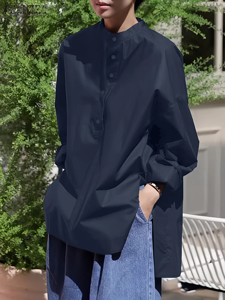 ZANZEA Camicie oversize da donna 2025 Moda autunno Colletto alla coreana Mezzo bottone Manica lunga Camicie Streetwear Top lunghi alti-bassi
