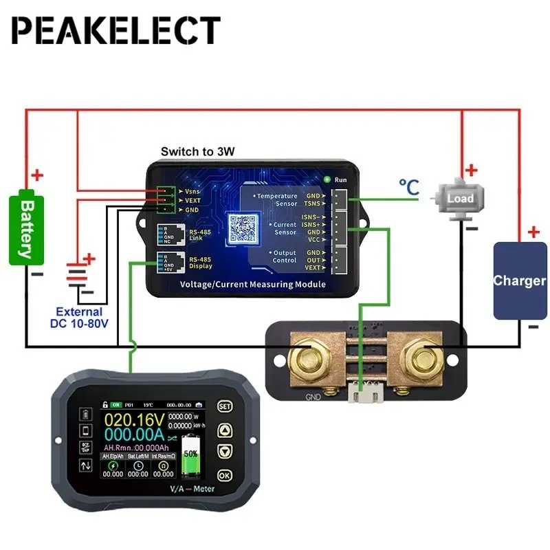 Peakelect KG110F Battery Tester 120V 100A Coulomb Meter Indicator Capacity Tester LCD Power Display Phones Control KL110F