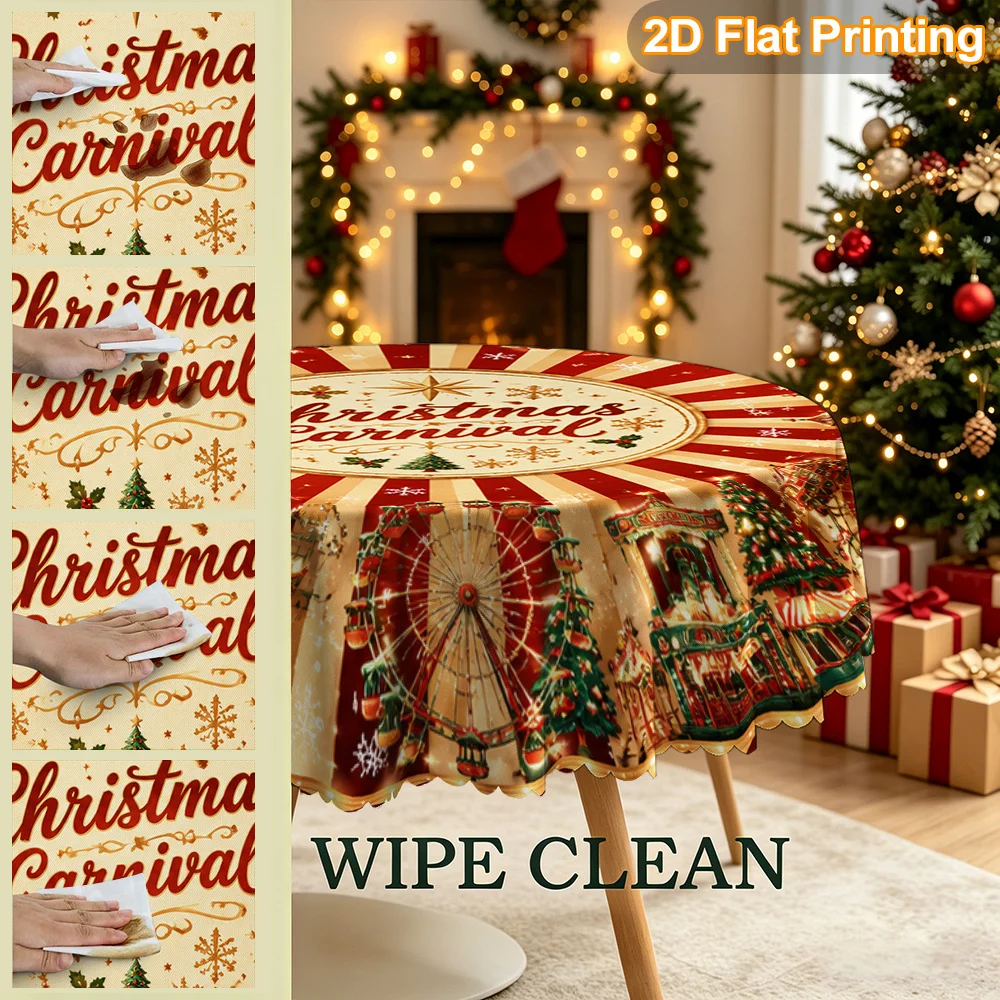 Tablecloth Christmas Gift 2D Flat. 1 Pack, Vintage Round Christmas Carnival Design Print