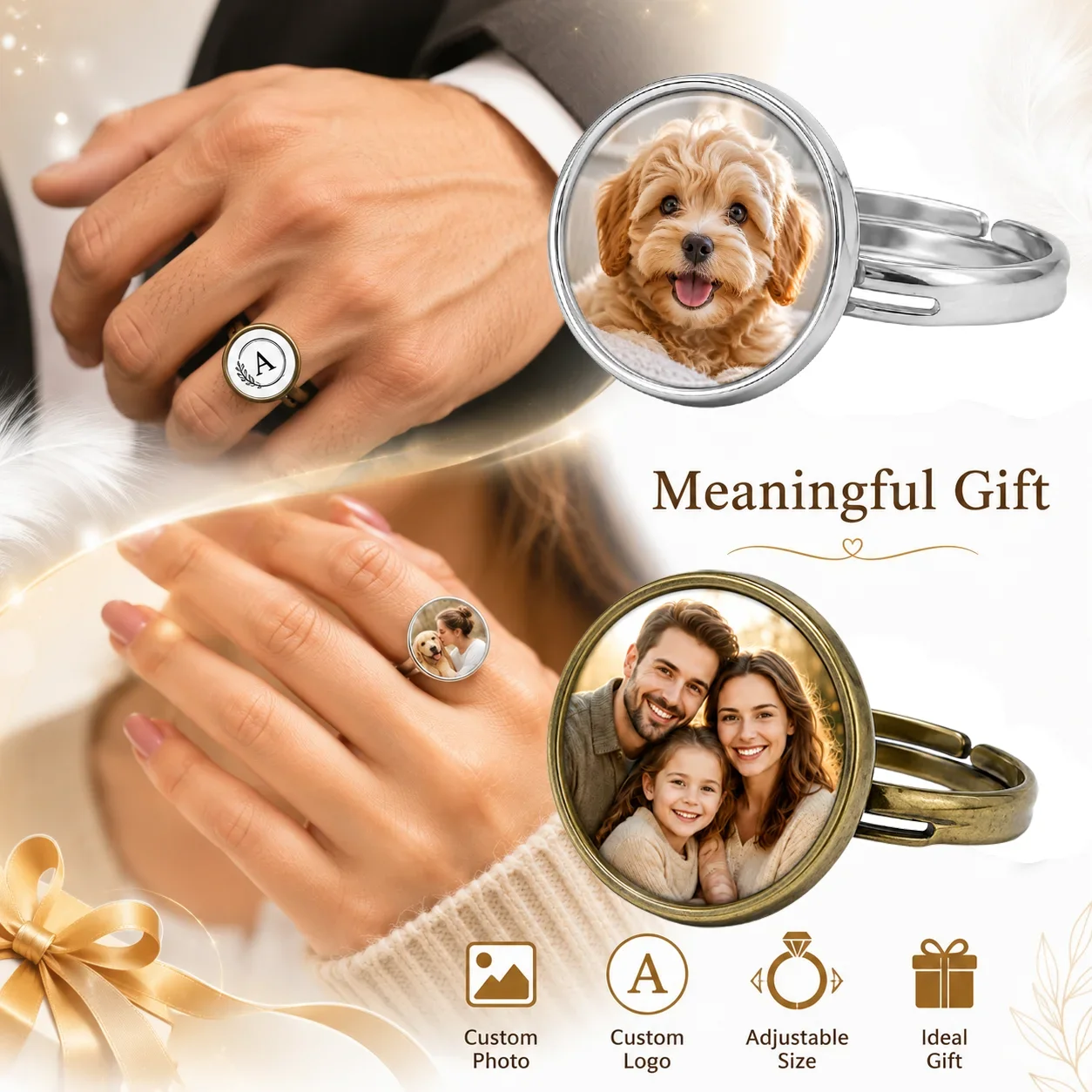 Customized Photo Logo Adjustable Ring Picture Pet Family Round Jewelry Fashion DIY Personalized Souvenir Gift for Loved Ones