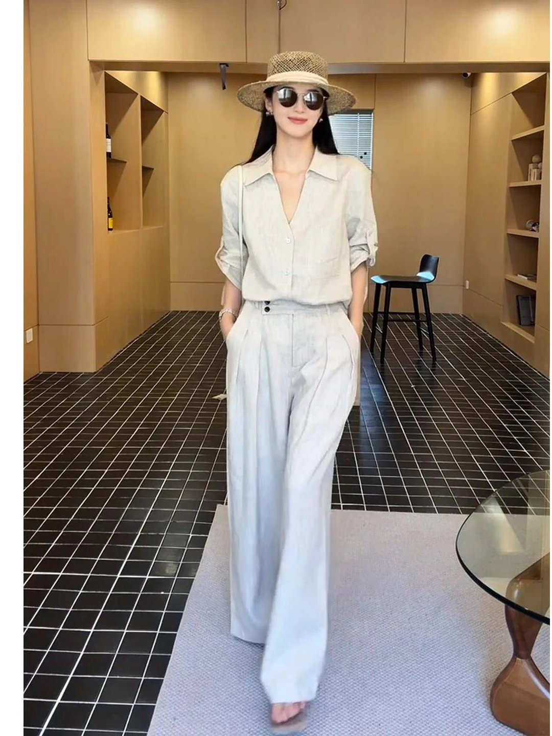 

Korean Style Casual Cotton Linen Two-Piece Set Women's Summer Commute V-Neck Sun Protection Shirt Long Pants Ensemble