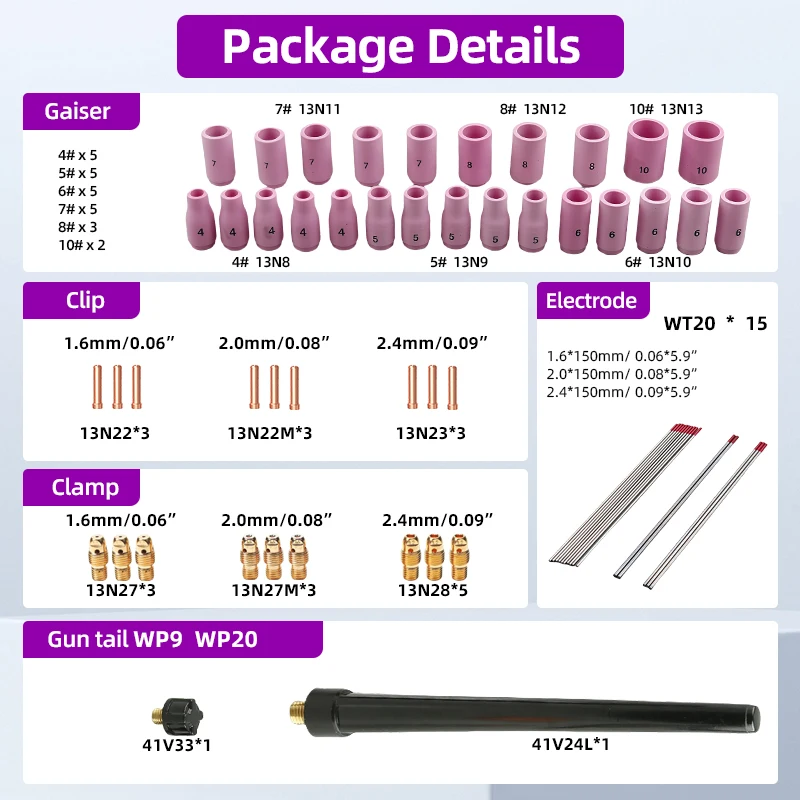60 قطعة طقم شعلة لحام TIG 040 "~ 1/8" إعداد عدسة الغاز WP-9/20/25