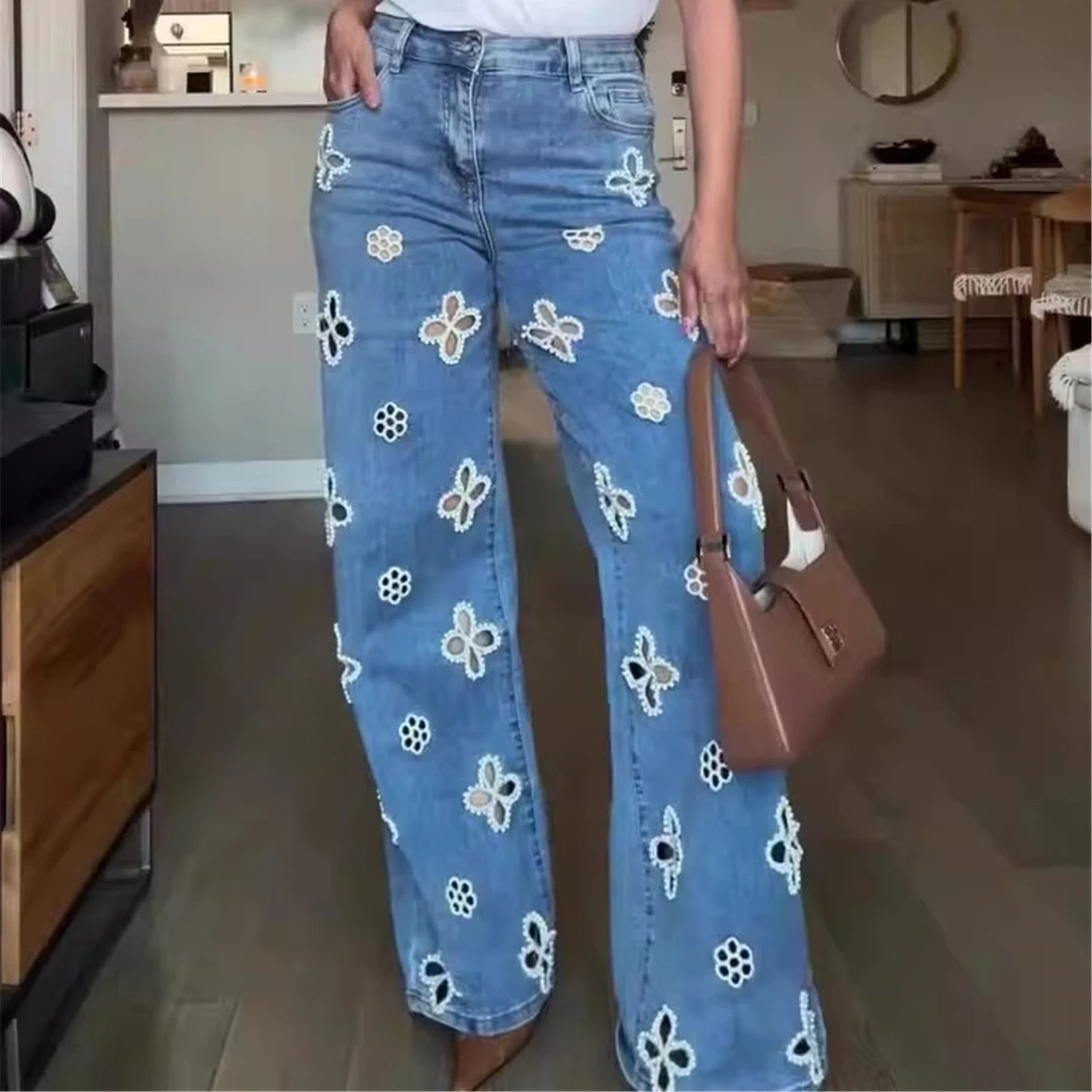 

Denim Pant Women Jeans Vintage Hollow Out Long Pants High Waist Straight Trousers Y2k Streetwear Elegant Splice Work Casual
