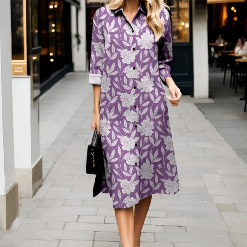 2025 New Women's Collared Shirt Dress Elegant Print Comfortable Long Dress Street Style Loose Casual Long-Sleeve Shirt Dress