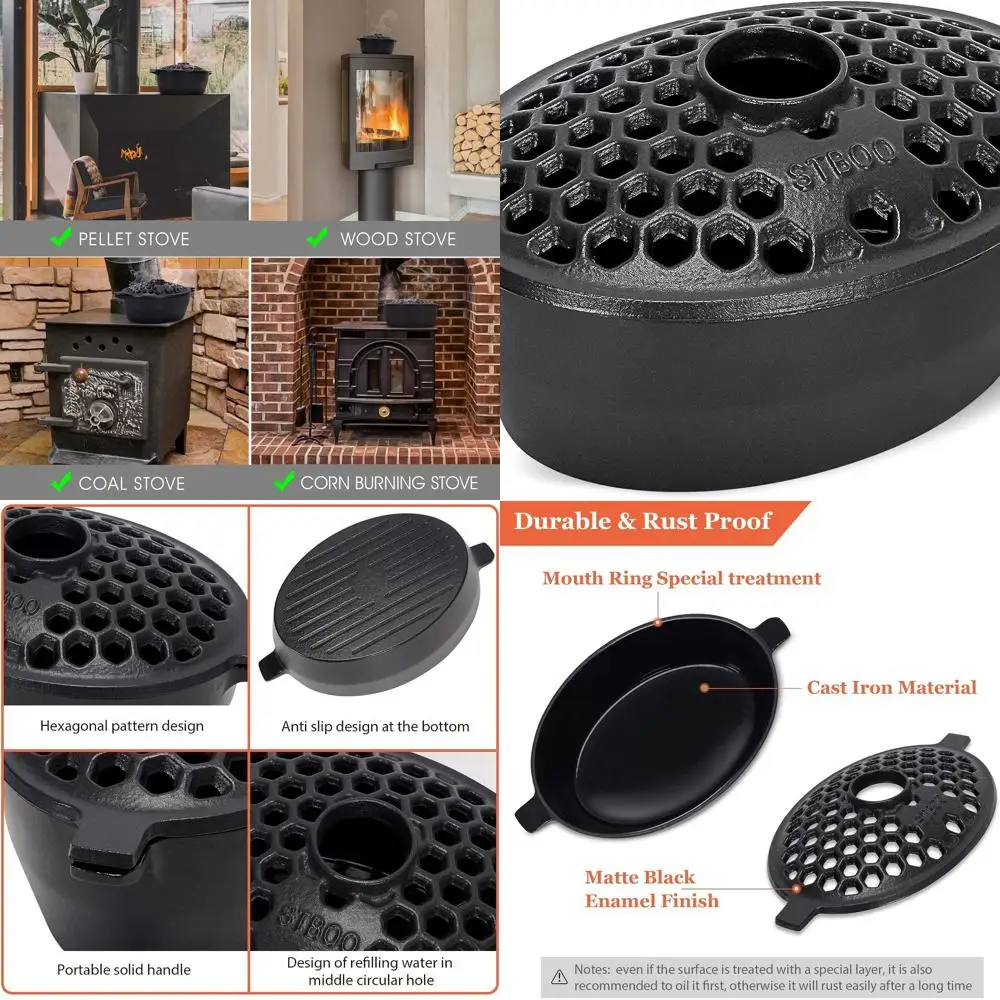 

Black Matte Cast Iron Fireplace Humidifier, Steamer for Indoor Heating, Decorative 2.7 Quart Capacity Bowl Accessory