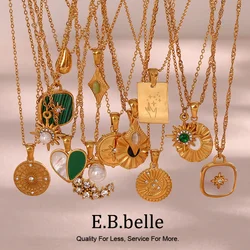 Quality Collections Waterproof Tarnish Free Stainless Steel 18K Gold Plated Shell Pearl Crystal Moon Pendant Necklaces For Women
