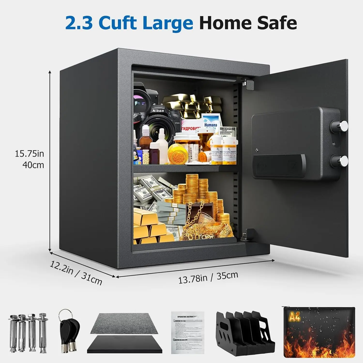 [ 2.3 Cu.ft. ]PATRON Fireproof Safe for Home,Digital Security Home Cabinet Safes for Money Cash Documents,Safe Box with Electron
