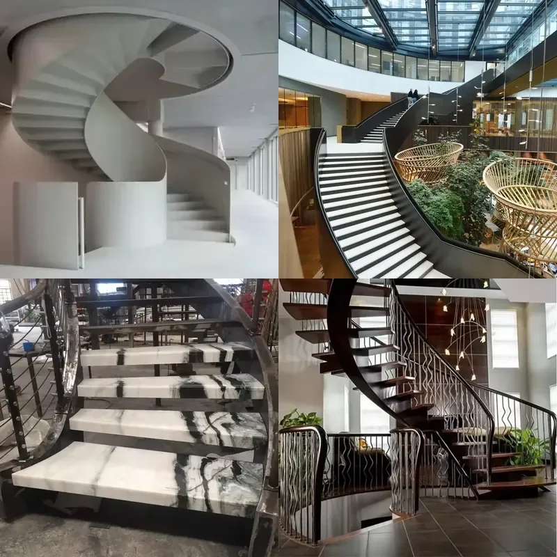 for American luxury villa steel structure curved stairs custom wooden tread design stairs 2025