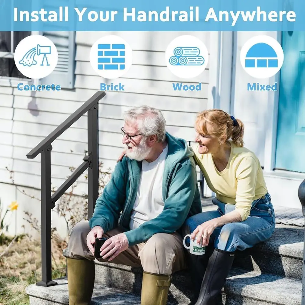 درابزين خارجي لخطوتين - مجموعة درابزين للدرج باللون الأسود، مناسبة للشرفة والسطح والحديقة، تتضمن التركيب الكامل