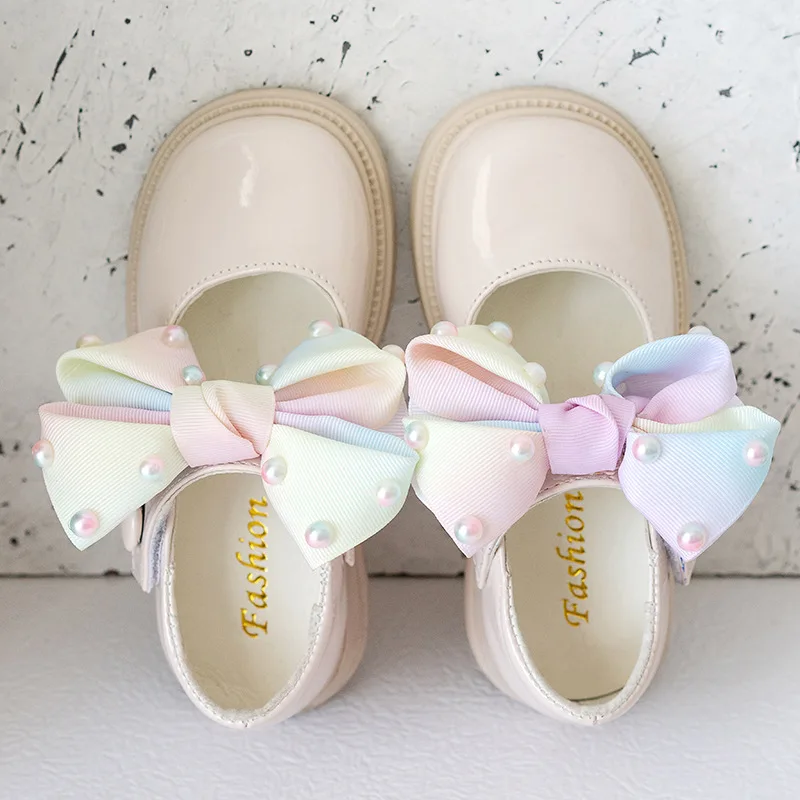 Children Shoes 2023 Spring New Colored Pearl Bowknot Princess Shoes for Kids Girls Fashion Cute JK Baby Girl Shoes Mary Janes