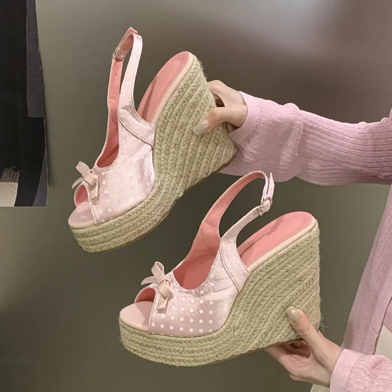 

Женские туфли на танкетке 12 см с открытым носком, летние новые французские повседневные туфли, модные дизайнерские сандалии для женщин