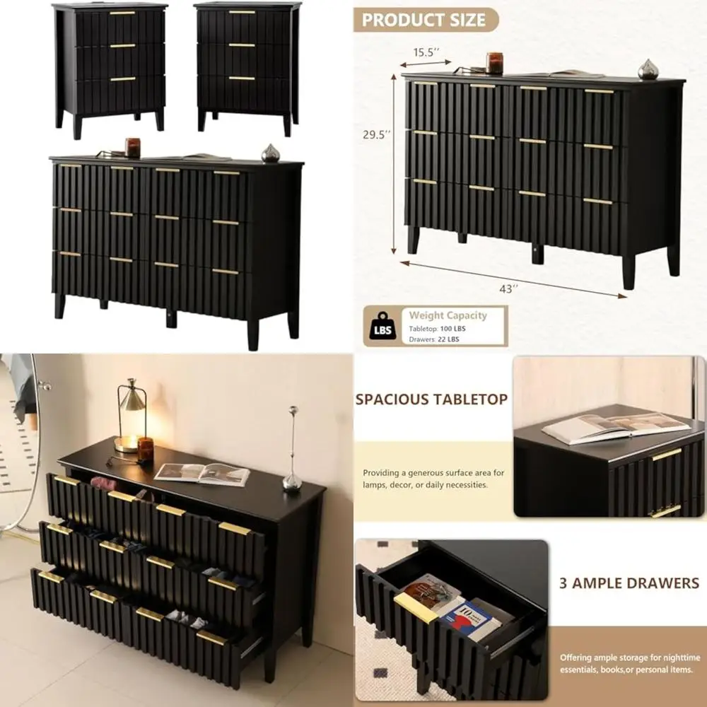 

Modern Fluted 6-Drawer Dresser and 2-Nightstand Bedroom Set in MDF Wood with Gold Handles, Black