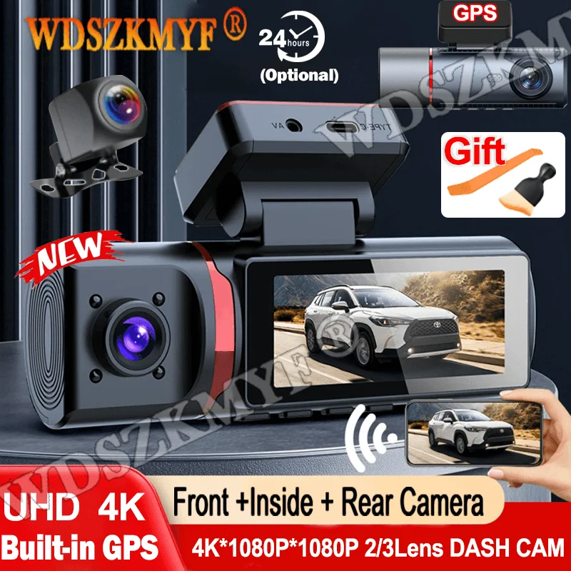 

3Lens Car DVR 4K DashCam WIFI GPS 1080P Video Recorder Front Inside rear view camera Night Vision 24H Parking Monitor Black Box