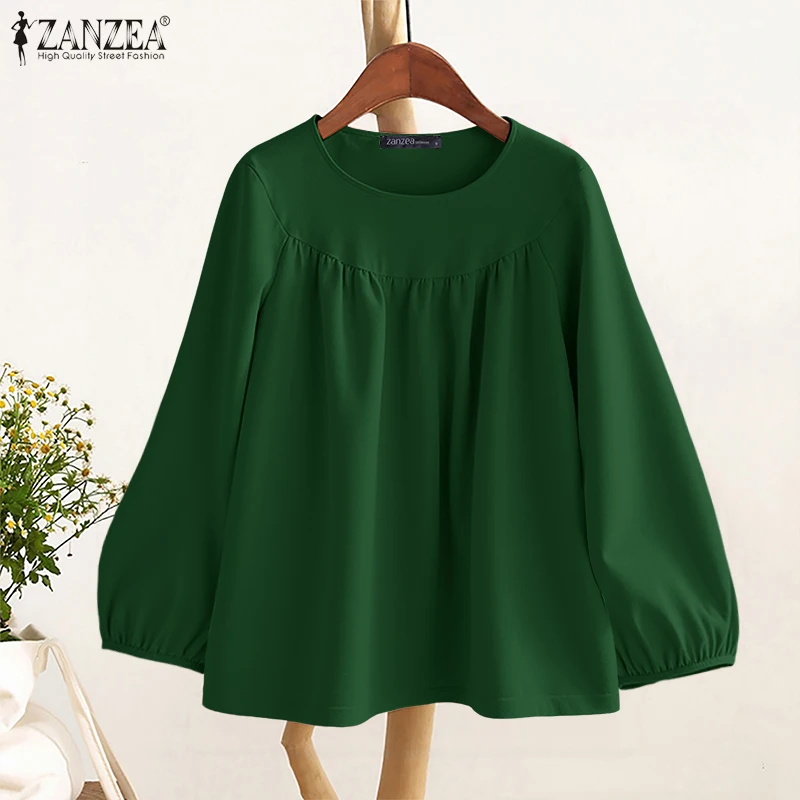 ZANZEA Women Fashion Gathered Blouses Autumn Everyday Casual Lantern Sleeve Round Neck Blusas Mujer Oversized Loose Solid Tops