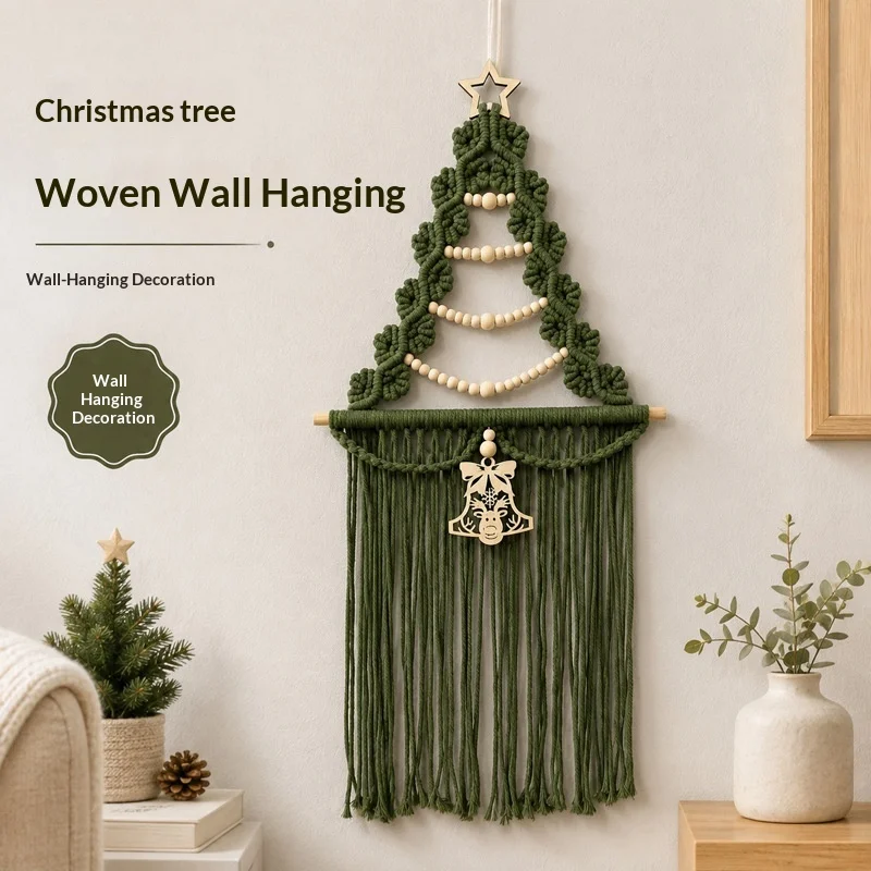 Christmas Wall Hanging Tapestry, Handmade Woven Tree with Colorful Tassels, Wood Beads & Bells Ornament, Xmas Wall Decor
