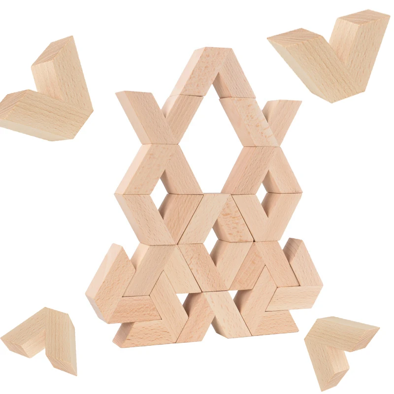 Montessori 16pcs V Shape Wooden 3D Building Blocks Toys Natural Large Baby Unpaint Wooden Educational Stacking Blocks Toy Child