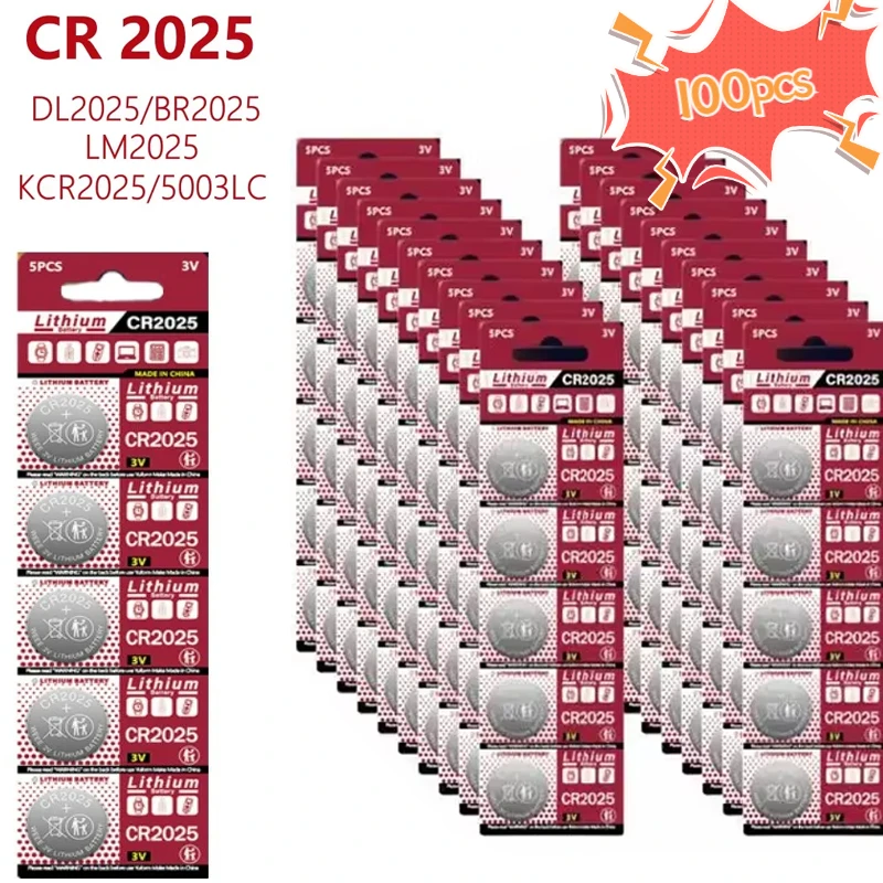 100pcs CR2025 Bateria De Lítio Para Controle Remoto Do Carro, Botão Coin Cell, CR2025, DL2025, BR2025, KCR2025, 3V