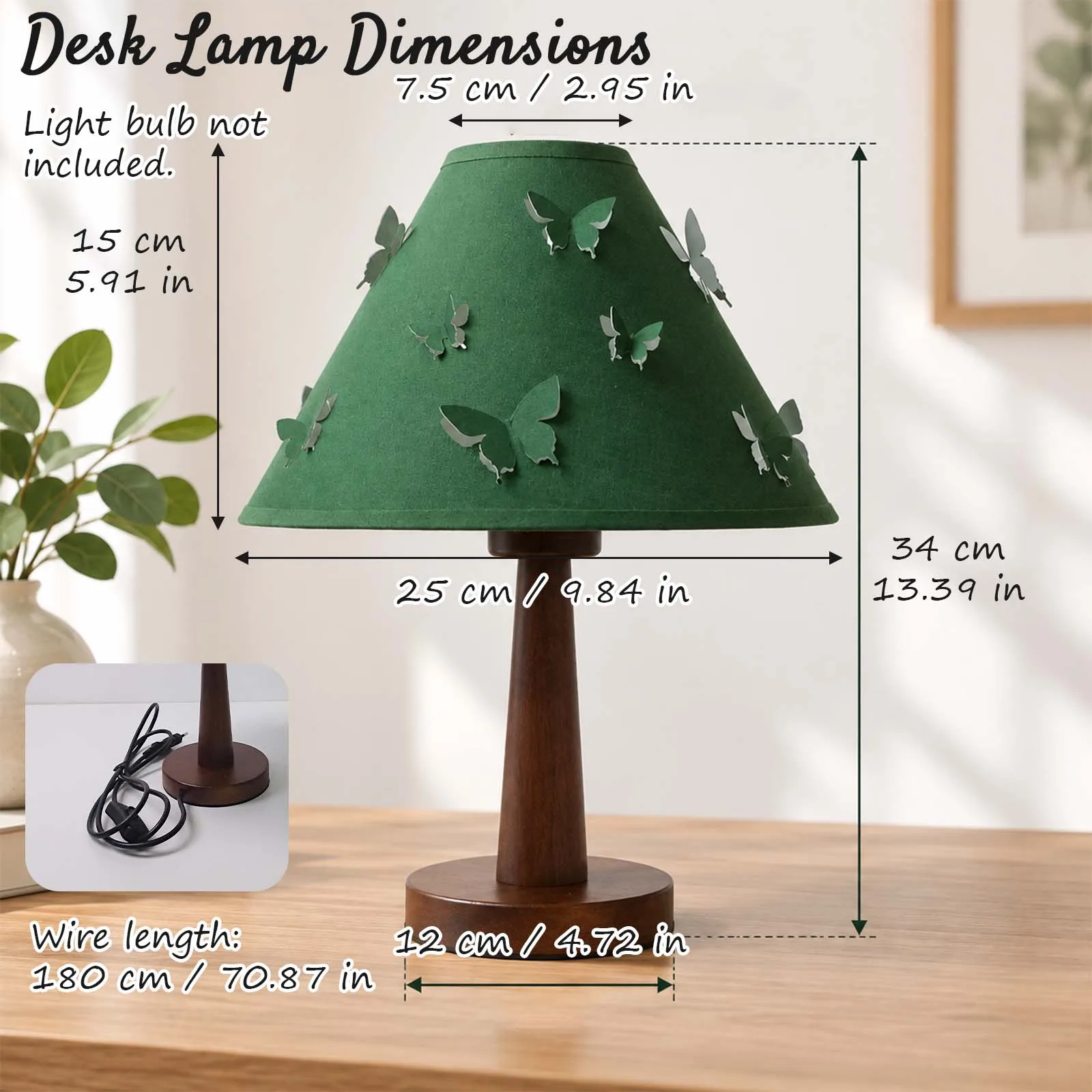 Japandi Table Lamp Dark Green Butterfly Shade Wood Base E27 Bedroom Nightstand Living Room Decor