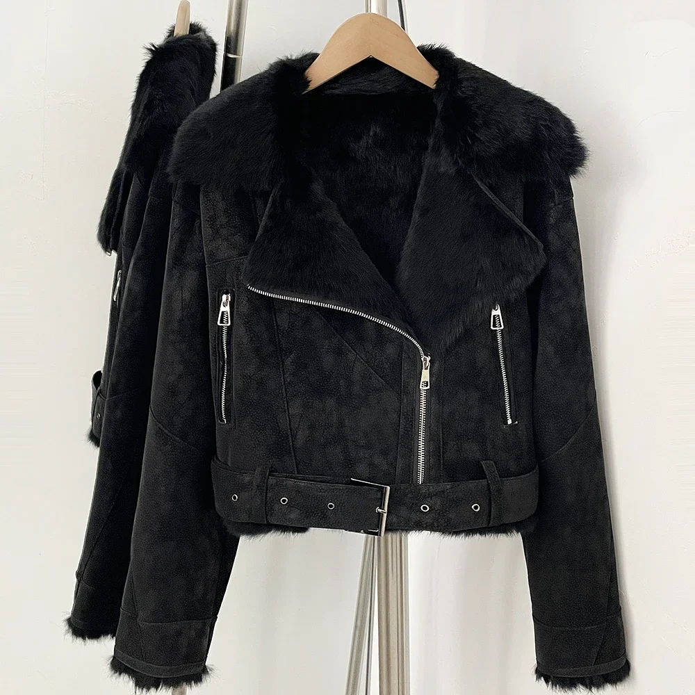 OFTBUY Neuer Winter-Pelzmantel für Damen, Kurze Motorradjacke, Wildleder, Echtes Kaninchenfell, Großer Pelzkragen, Gürtel, Vintage-Kleidung – Detail 10