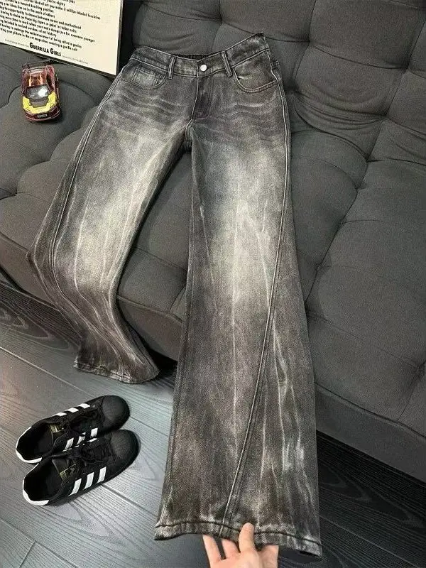 Retro Men Women Blue Washed Slash Knife Jeans Street Vibe Loose Wide Leg Deconstructed Slimming Long Trousers