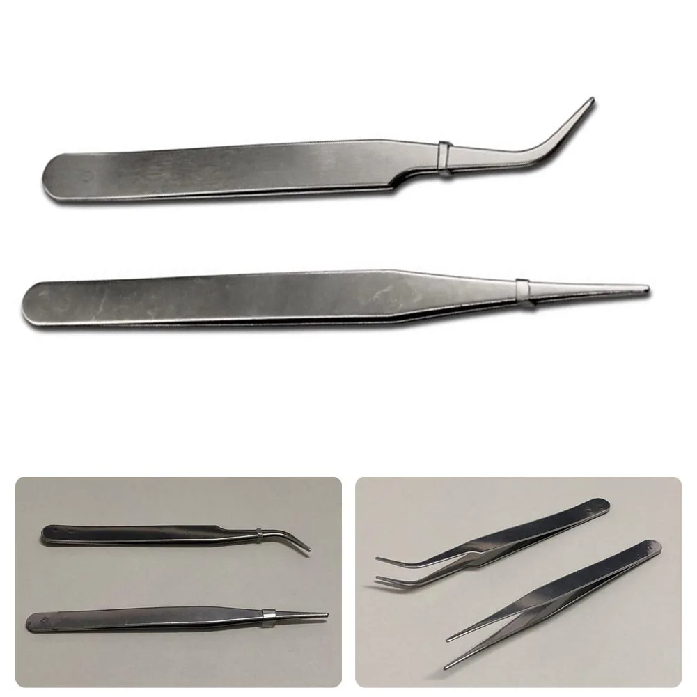 2pcs Tweezers Stainless Steel Mini Tweezers Kit Set of 2 with Curved and Straight Tips for Model Making and Repair