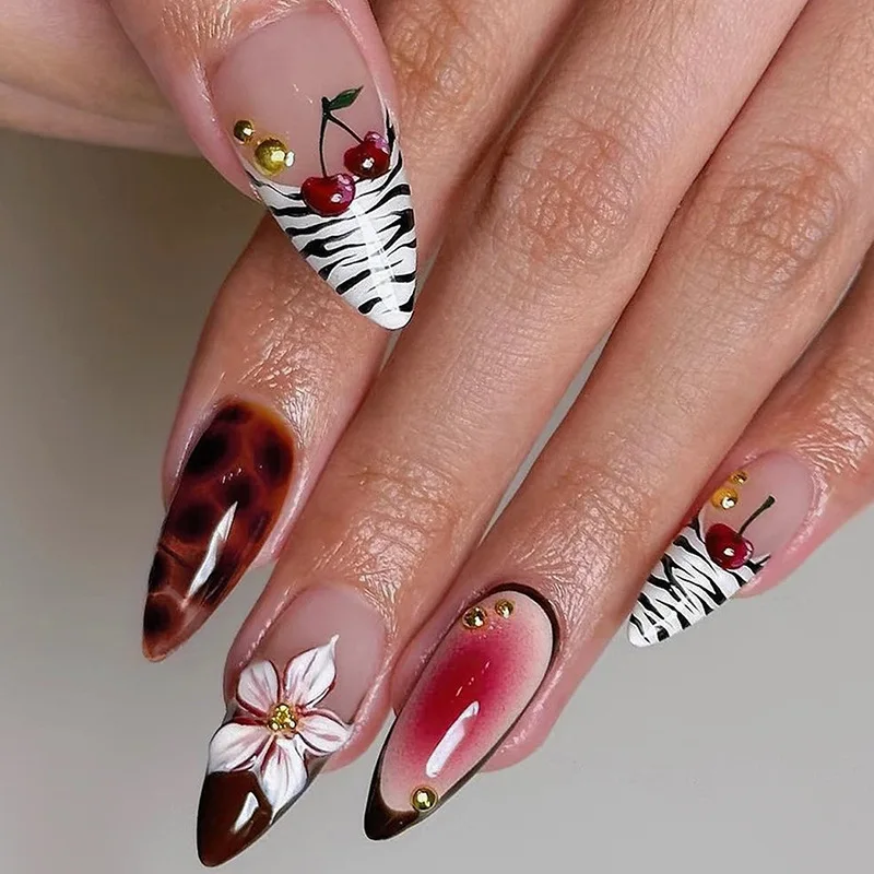 24개의 화려한 꽃무늬 디자인 풀커버 네일 팁 롱 스틸레토 가짜 손톱 탈부착 가능한 아몬드 모양 인조 손톱 세트